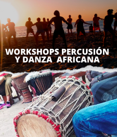 imagen de clases de danza africana en la playa y primer plano de un dumdum y djembes